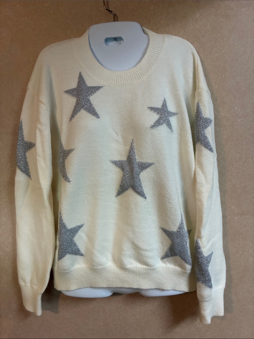 Forever 21 Cream Crewneck Sweater with Silver Star Motif
